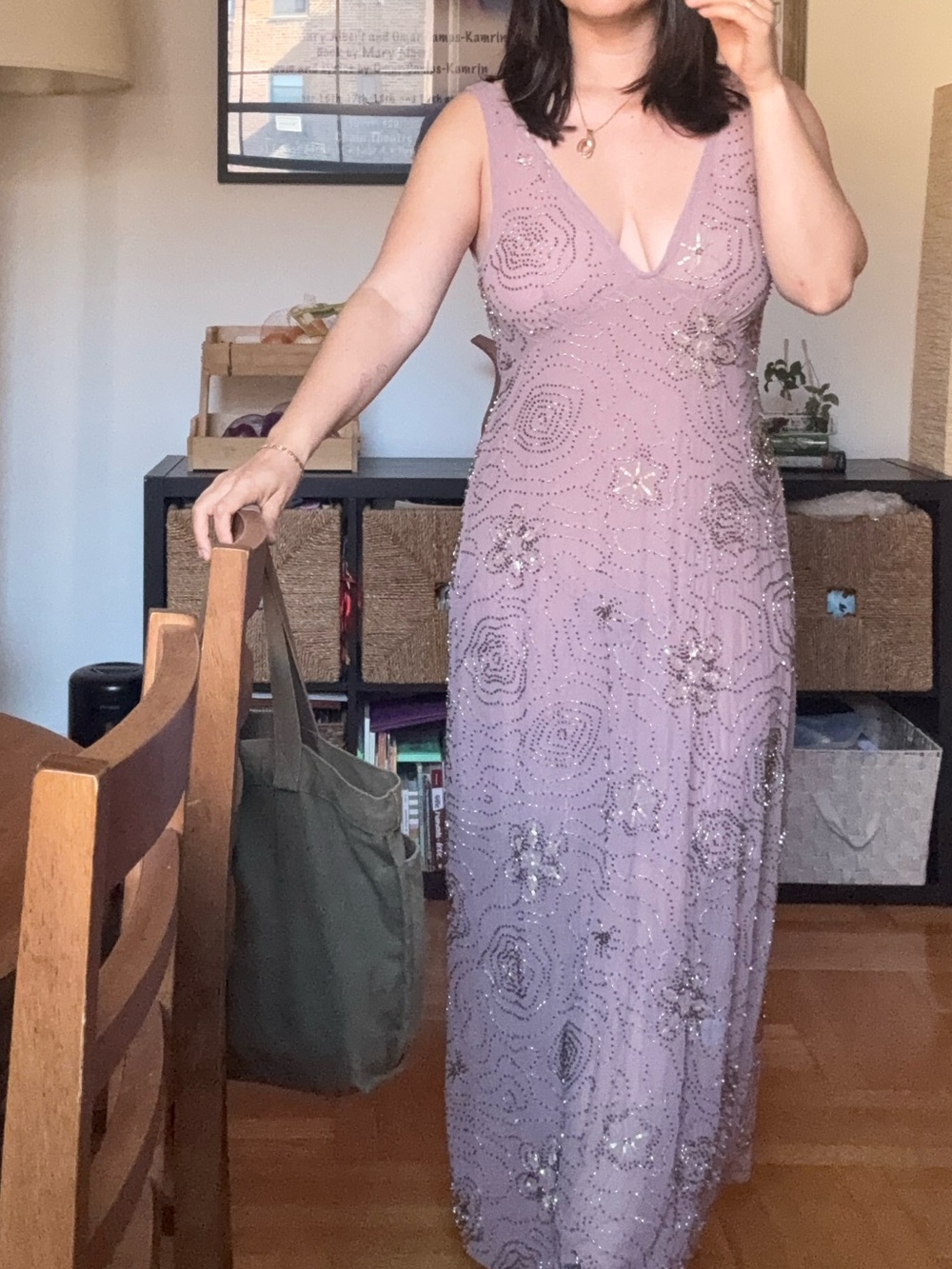 Zara dress- Embellished Pink V-Neck Beaded Maxi Dress size large